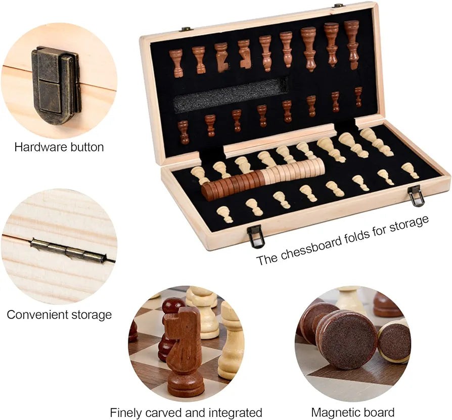 Wooden Chess & Checkers Magnetic Board - Classic Strategy & Fun in a Gift Box
