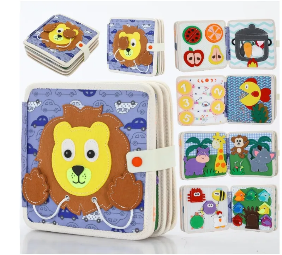 Quiet book page with felt lion and elephant, designed for toddler fine motor skills.