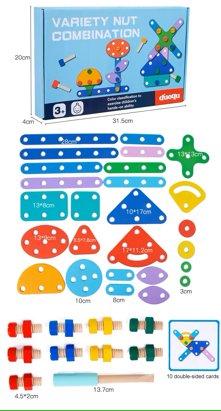 Wooden nut and bolt puzzle toy set for kids aged 3 and above