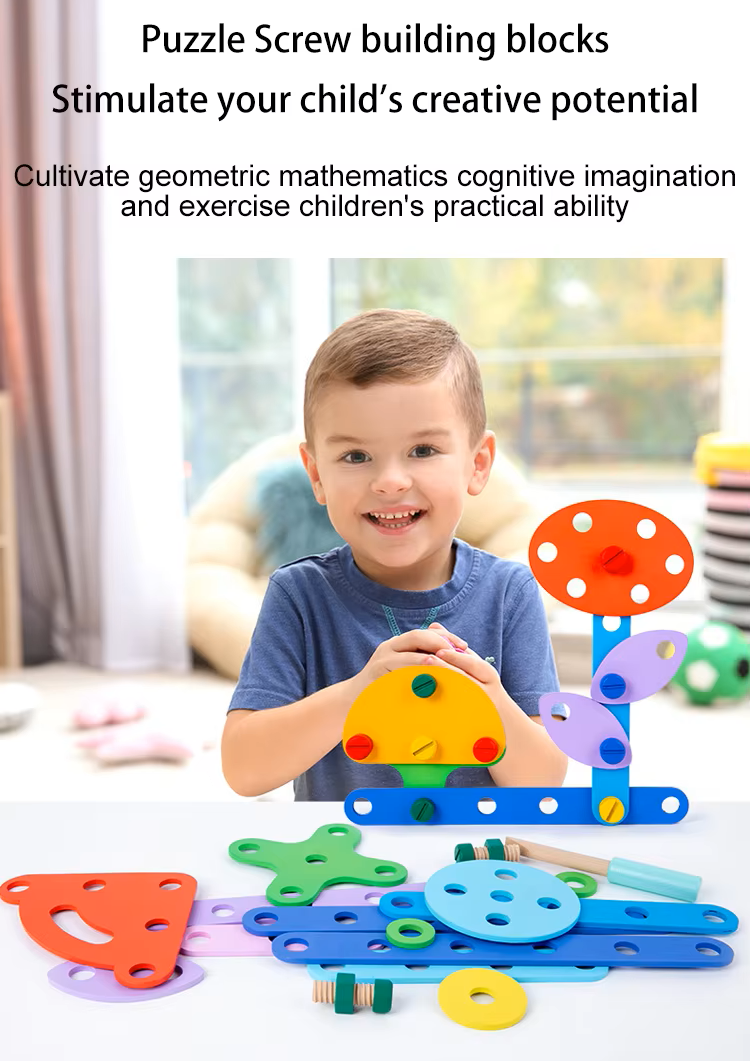 Child assembling colorful wooden nuts and bolts to build shapes