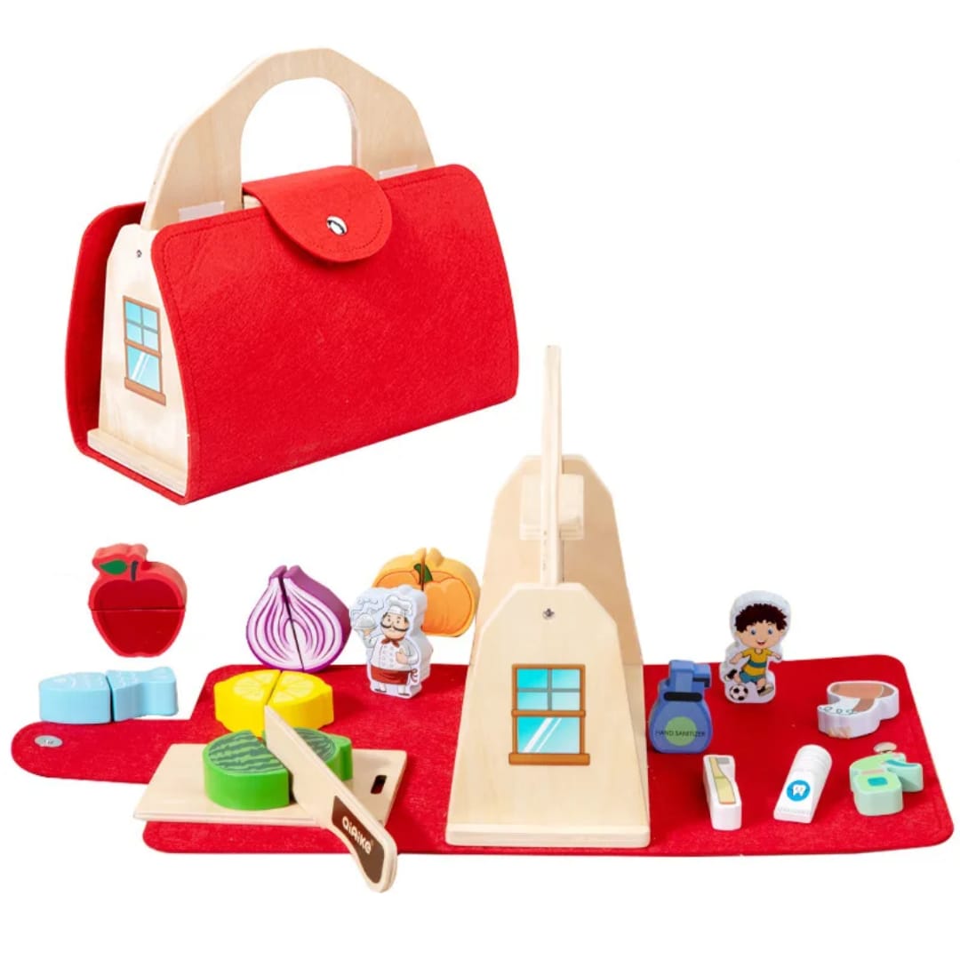 Portable Wooden Toy in Red Felt Carry Case Travel Toy for Kids