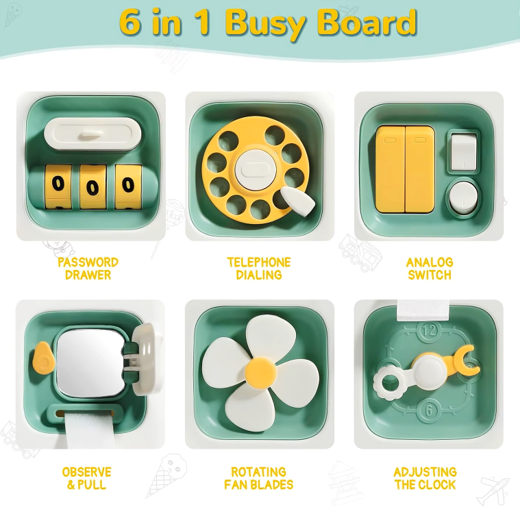 6-in-1 Montessori Busy Board – Sensory Toy for Toddlers (Ages 1–3)