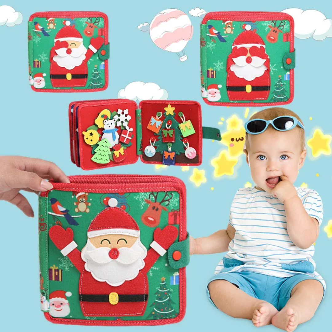 Toddler playing with Christmas felt activity book for fine motor skills