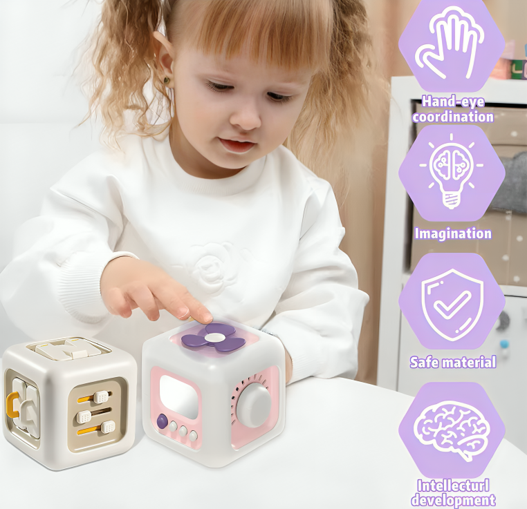 Toddler using Montessori busy cube to improve fine motor skills