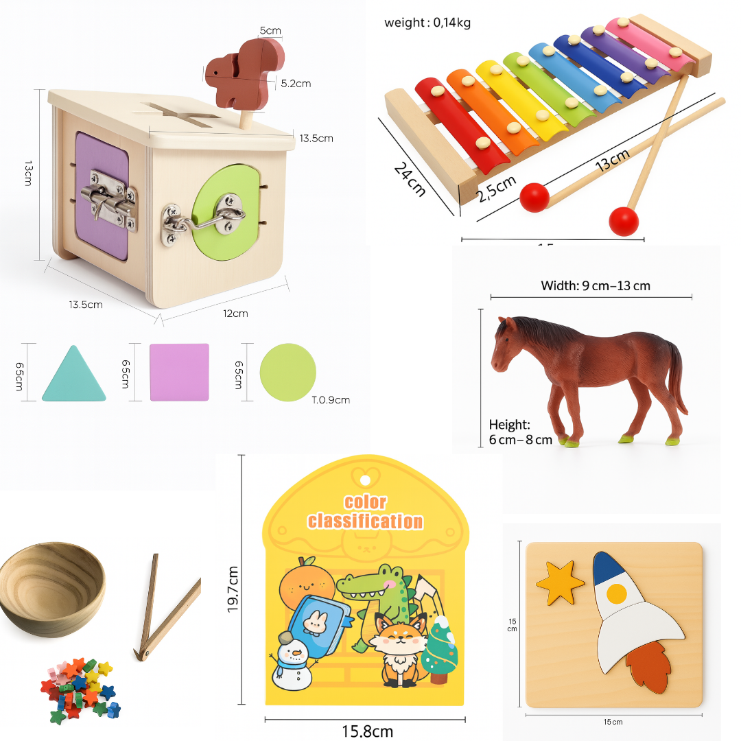 Bright Minds Box Montessori toy kit for toddlers 19–24 months with latch box, wooden xylophone, animal figure, sorting game, and puzzles.