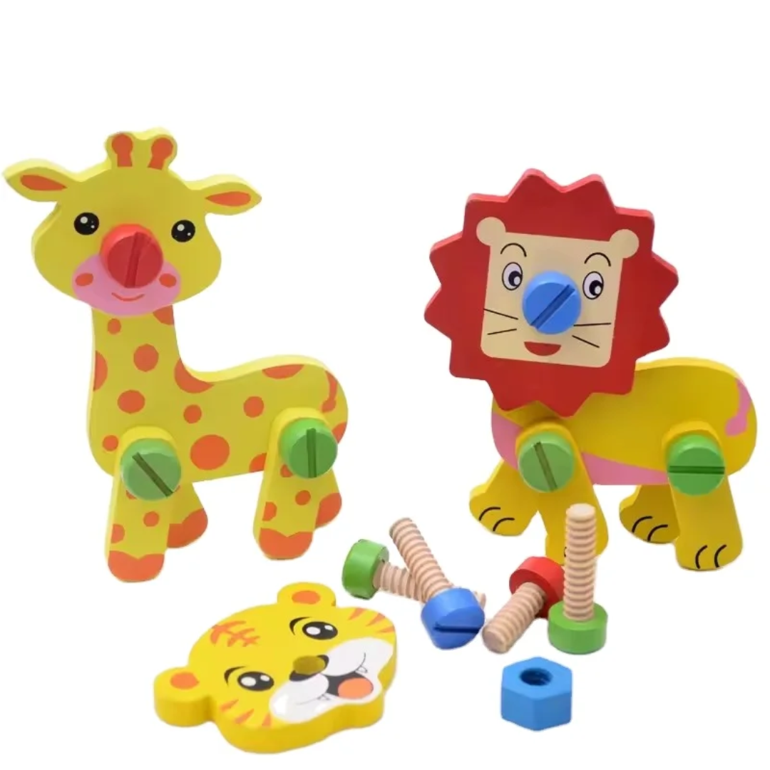 Wooden Animal DIY Construction Toy Kit – Lion & Giraffe / Tiger & Zebra | Screws & Nuts Puzzle Set for Kids (3+ Years)