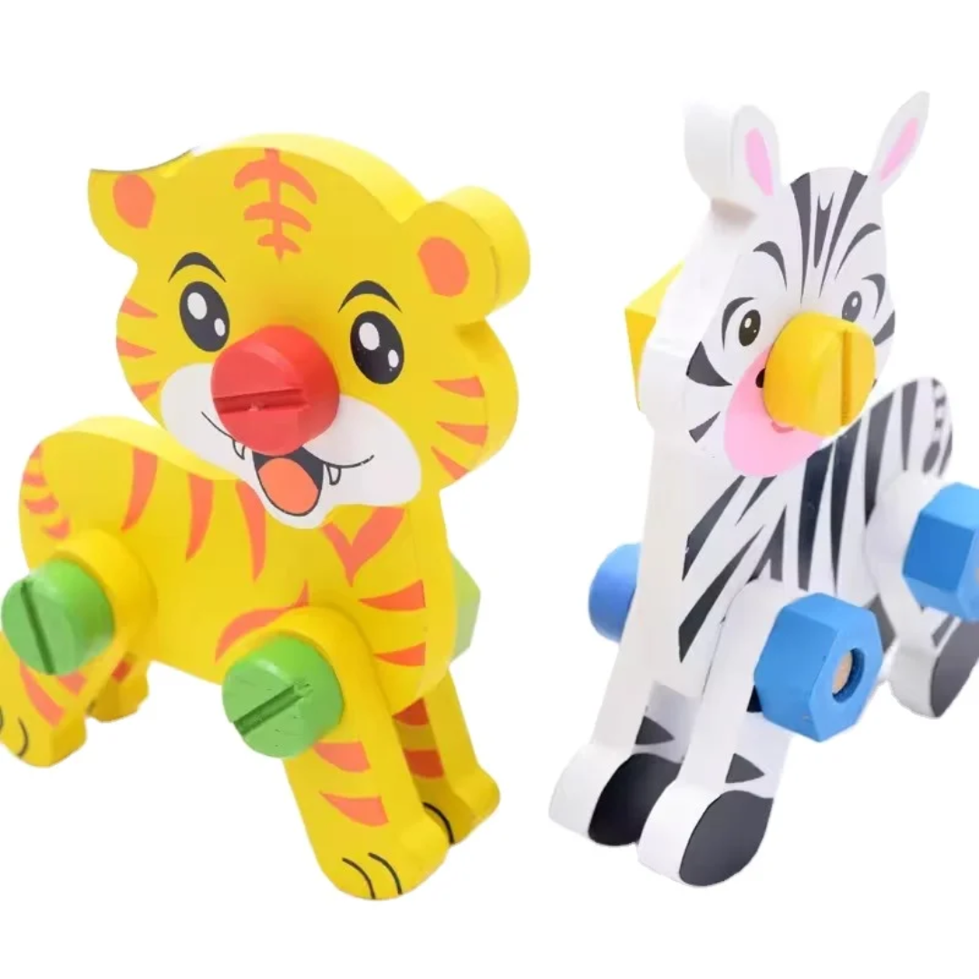 Wooden Animal DIY Construction Toy Kit – Lion & Giraffe / Tiger & Zebra | Screws & Nuts Puzzle Set for Kids (3+ Years)