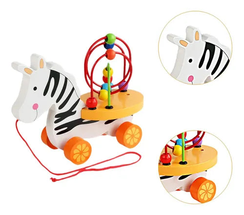 Wooden Zebra Pull Along Toy with Bead Maze