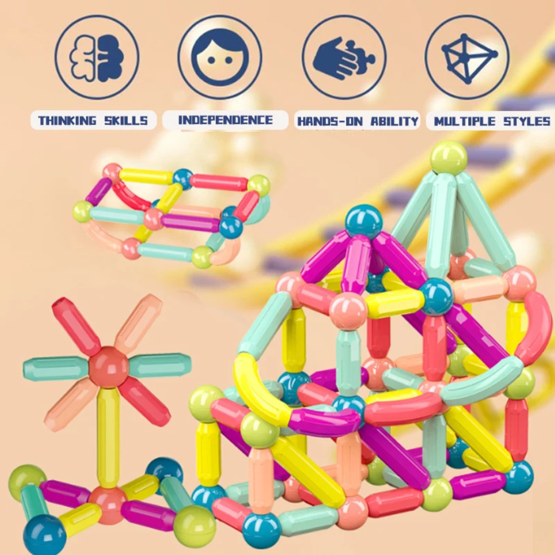 64-Piece Magnetic Building Blocks Set - Magnetic Bars and Balls Construction Toy for Kids