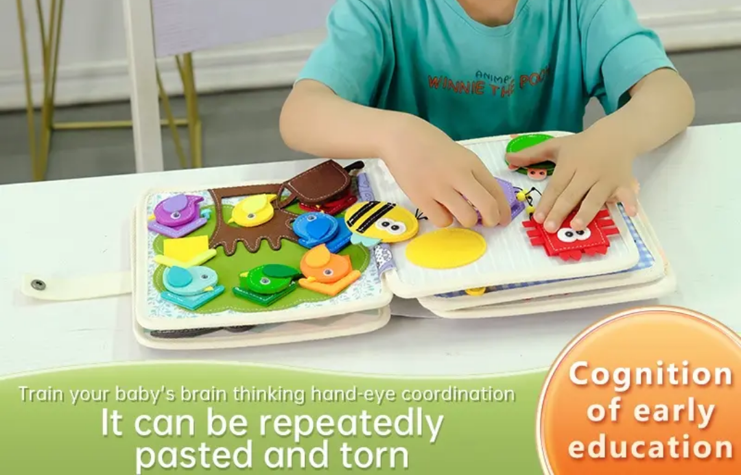 Felt quiet book page with colorful zipper and button activities for hand-eye coordination.
