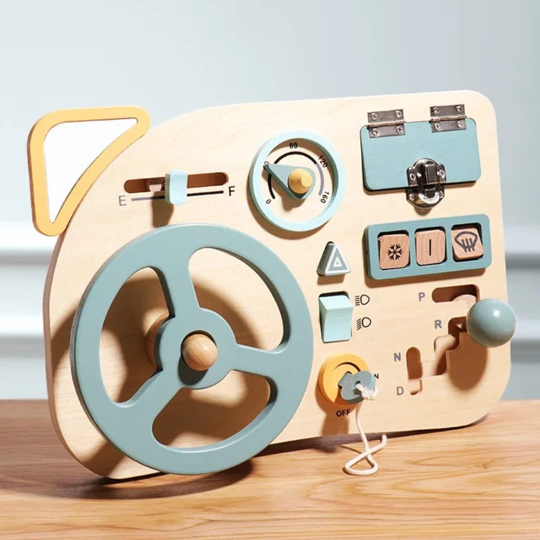 Large wooden steering wheel on the car dashboard activity board