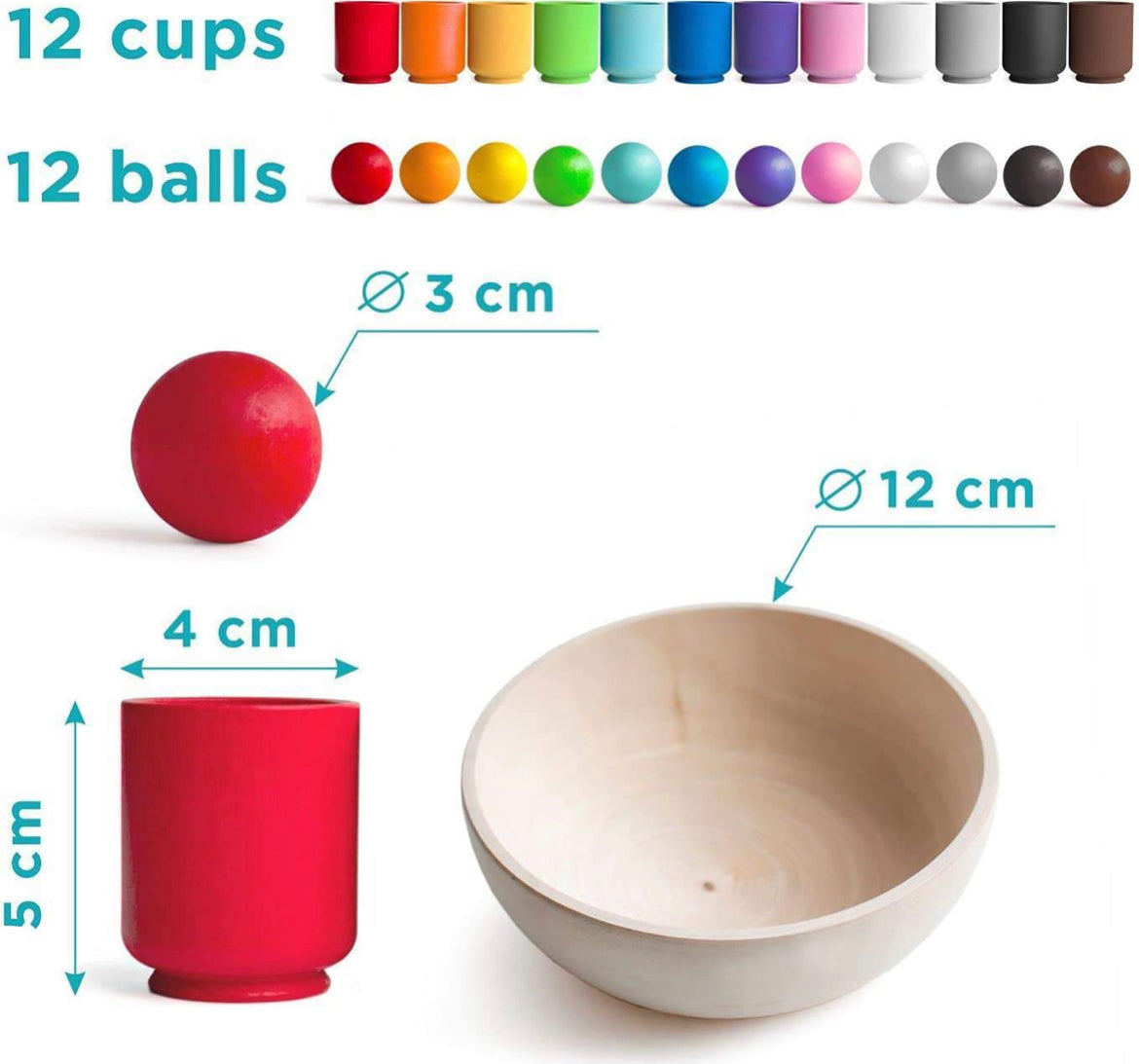 Montessori Wooden Cups & Balls Set – Color Sorting Toy for Toddlers