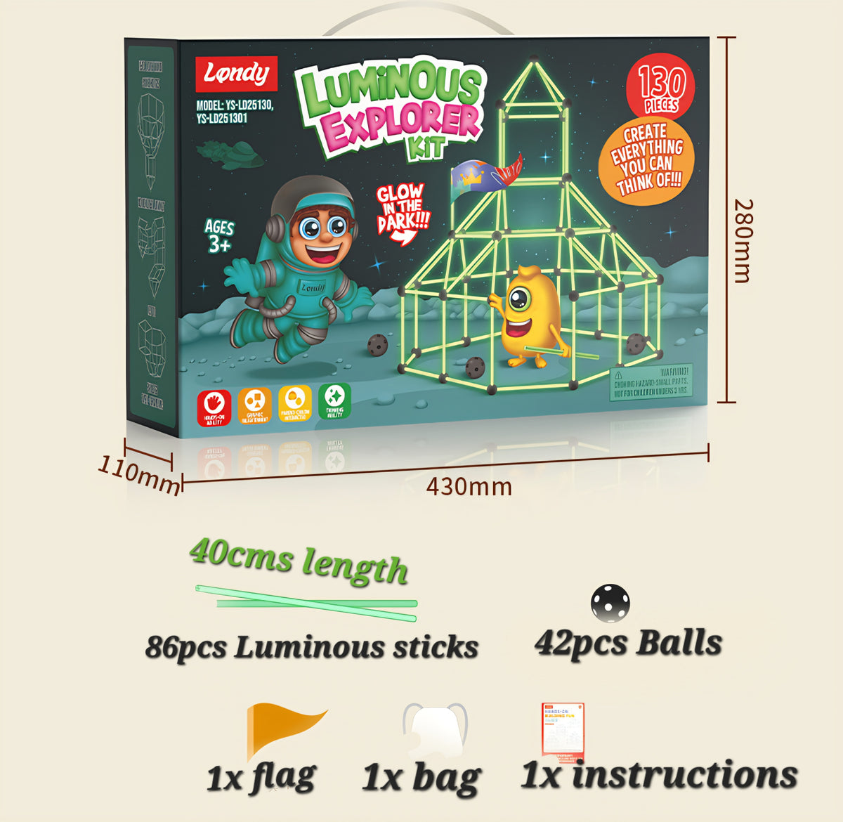 Lendy Luminous Explorer Kit toy set shown in its retail box with printed dimensions and included pieces listed below on a light beige background. The box features a dark blue space-themed design with cartoon astronaut and glowing yellow creature graphics.