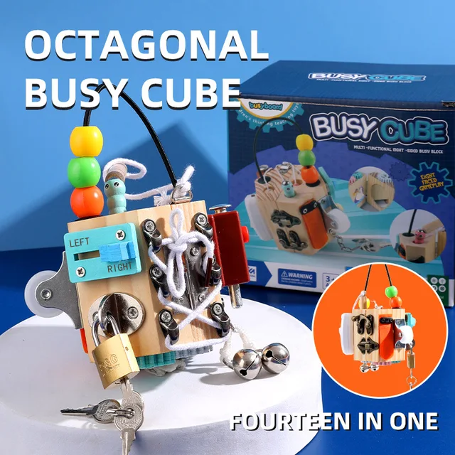 Montessori Busy Cube 8 Sided -  Wooden Busy Cube - Toddler Busy Cube