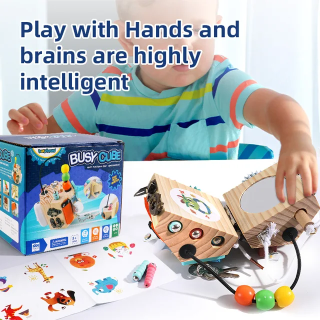 Montessori Busy Cube 8 Sided -  Wooden Busy Cube - Toddler Busy Cube