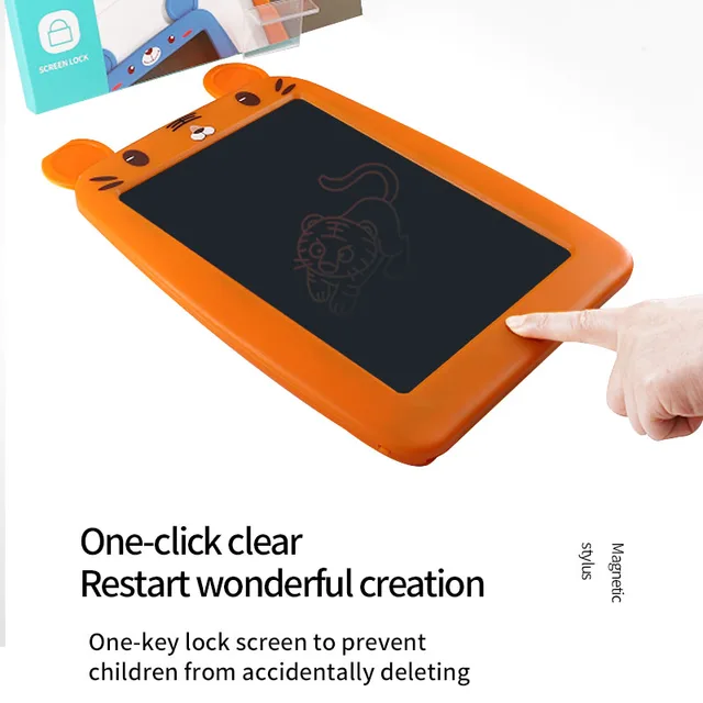 Child drawing on 10-inch LCD tablet with cartoon rabbit shape – eco-friendly and mess-free art activity