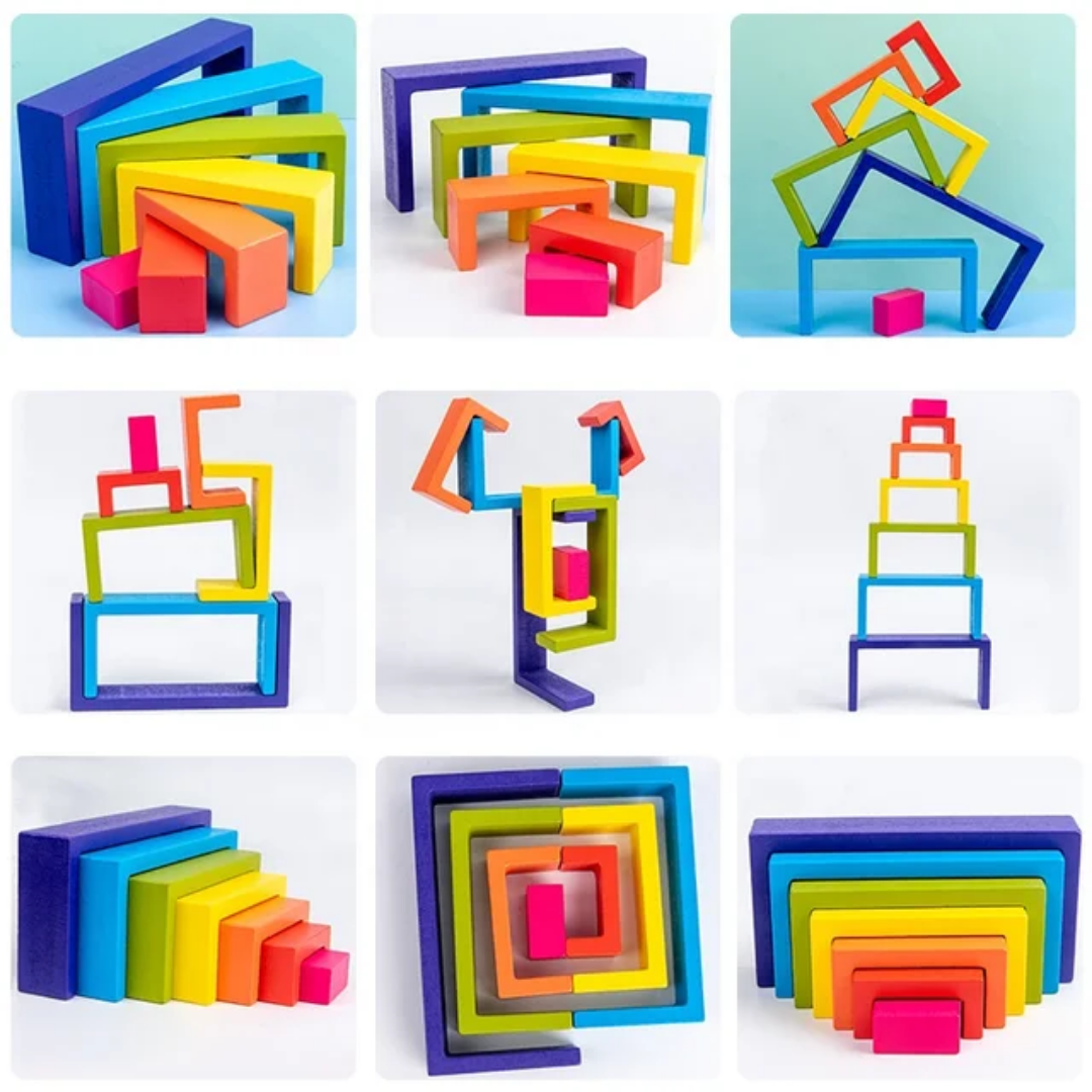 Wooden Rainbow Stacker Nesting Puzzle Blocks – 27 Pieces Montessori Toy for Kids - Small version