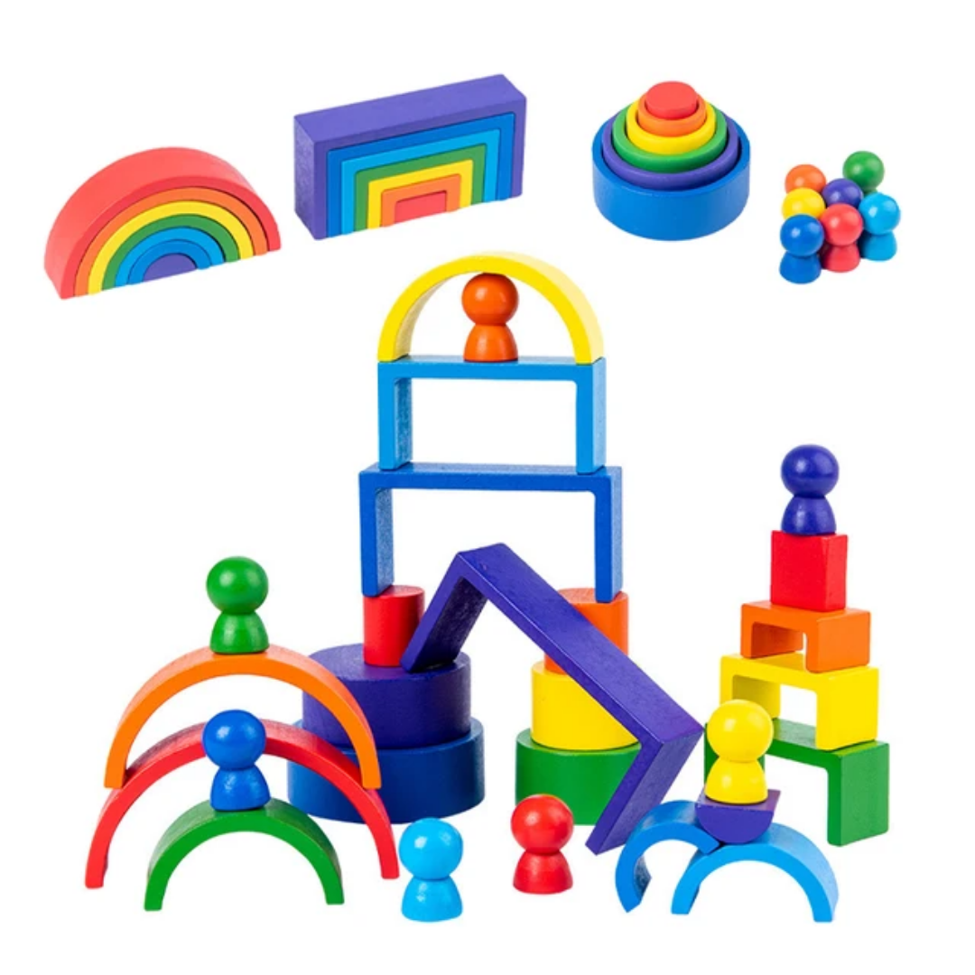 Wooden Rainbow Stacker Nesting Puzzle Blocks – 27 Pieces Montessori Toy for Kids - Small version
