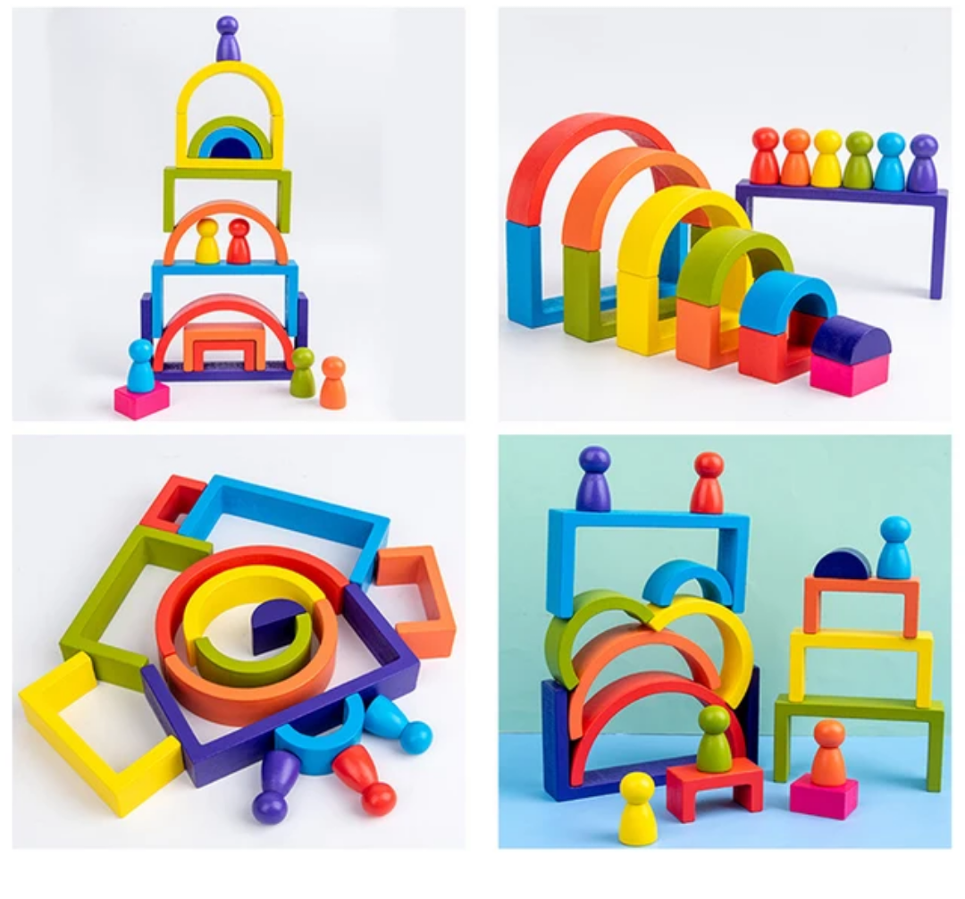 Wooden Rainbow Stacker Nesting Puzzle Blocks – 27 Pieces Montessori Toy for Kids - Small version