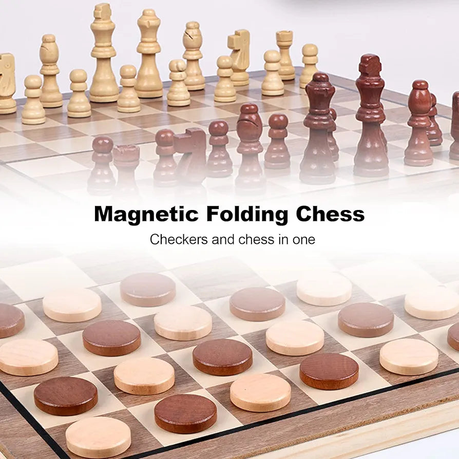 Wooden Chess & Checkers Magnetic Board - Classic Strategy & Fun in a Gift Box