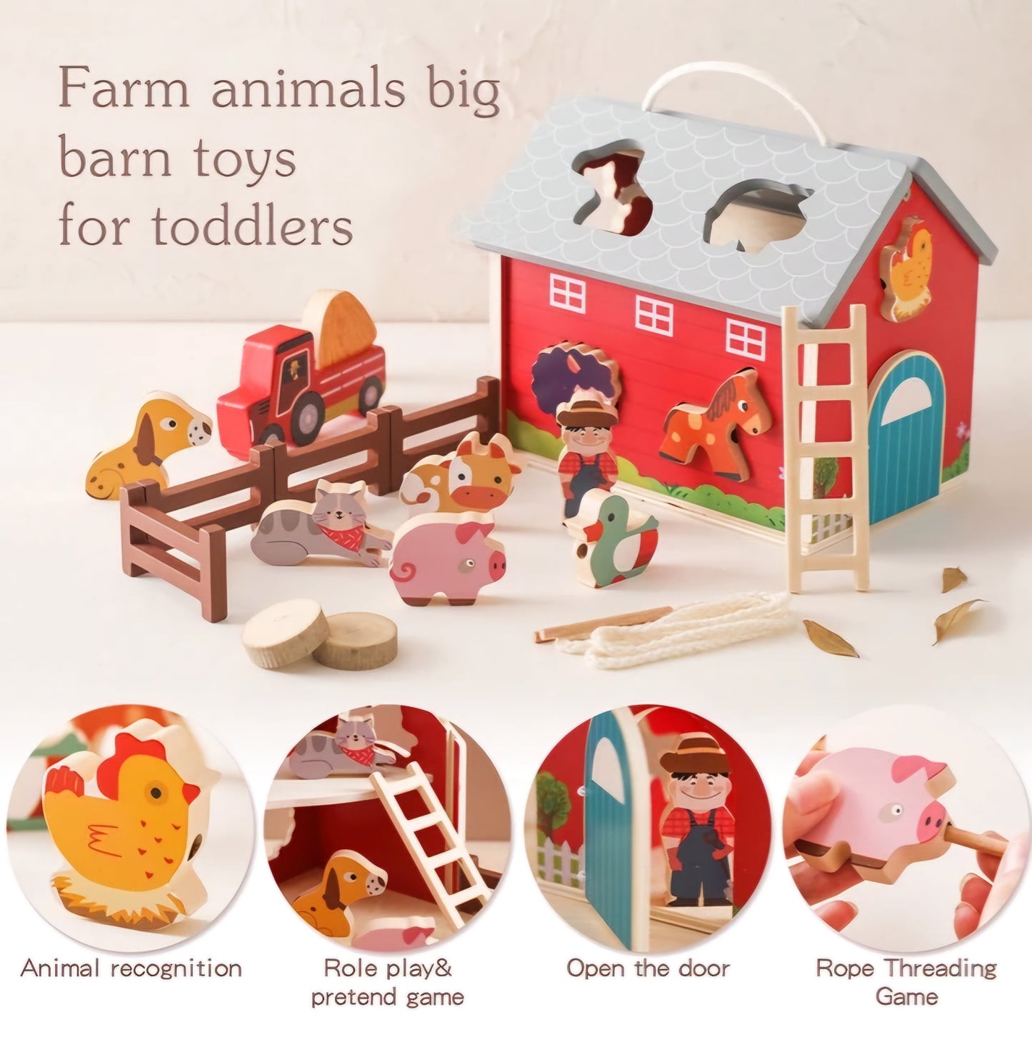 Old MacDonald's Farm Wooden Play Set & Animal Puzzle Toy for Toddlers