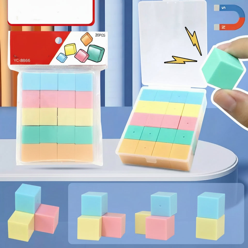 20-piece pastel magnetic cubes educational building toy set in its retail packaging and transparent travel storage case.