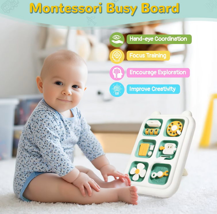 6-in-1 Montessori Busy Board – Sensory Toy for Toddlers (Ages 1–3)
