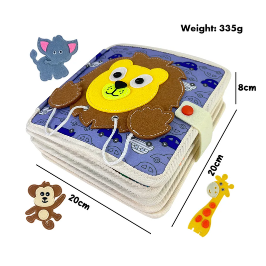 Montessori animal-themed quiet book cover with soft felt materials for toddlers.
