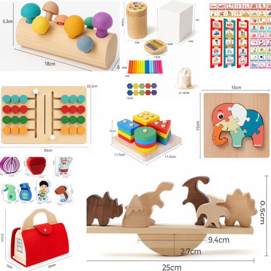 Creative Explorer Box Montessori toy kit for toddlers 25–36 months with puzzles, abacus, stacking toys, musical drum, flash cards, and balancing dinosaurs.
