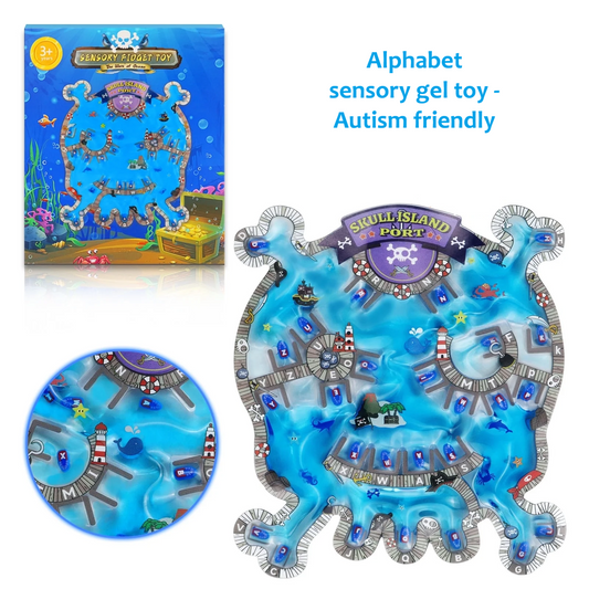 Top view of Skull Island sensory toy with embedded alphabet letters