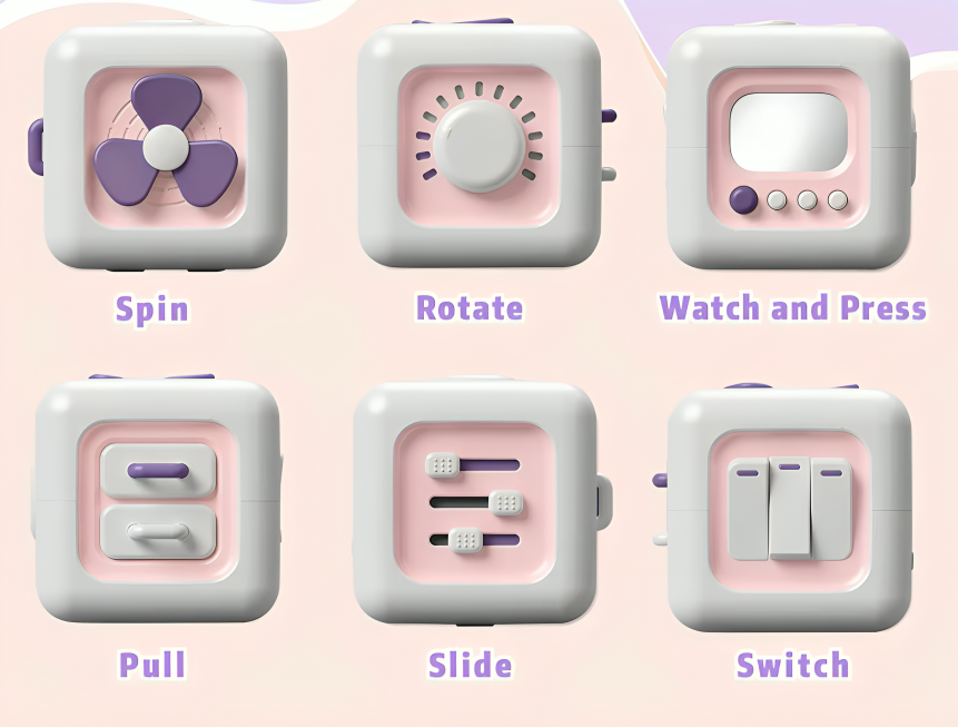 Interactive sensory toy with fan, timer, slider, and switch for toddlers
