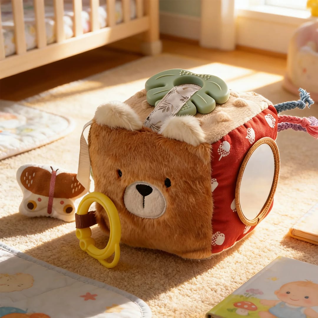 Baby activity cube with textured surfaces