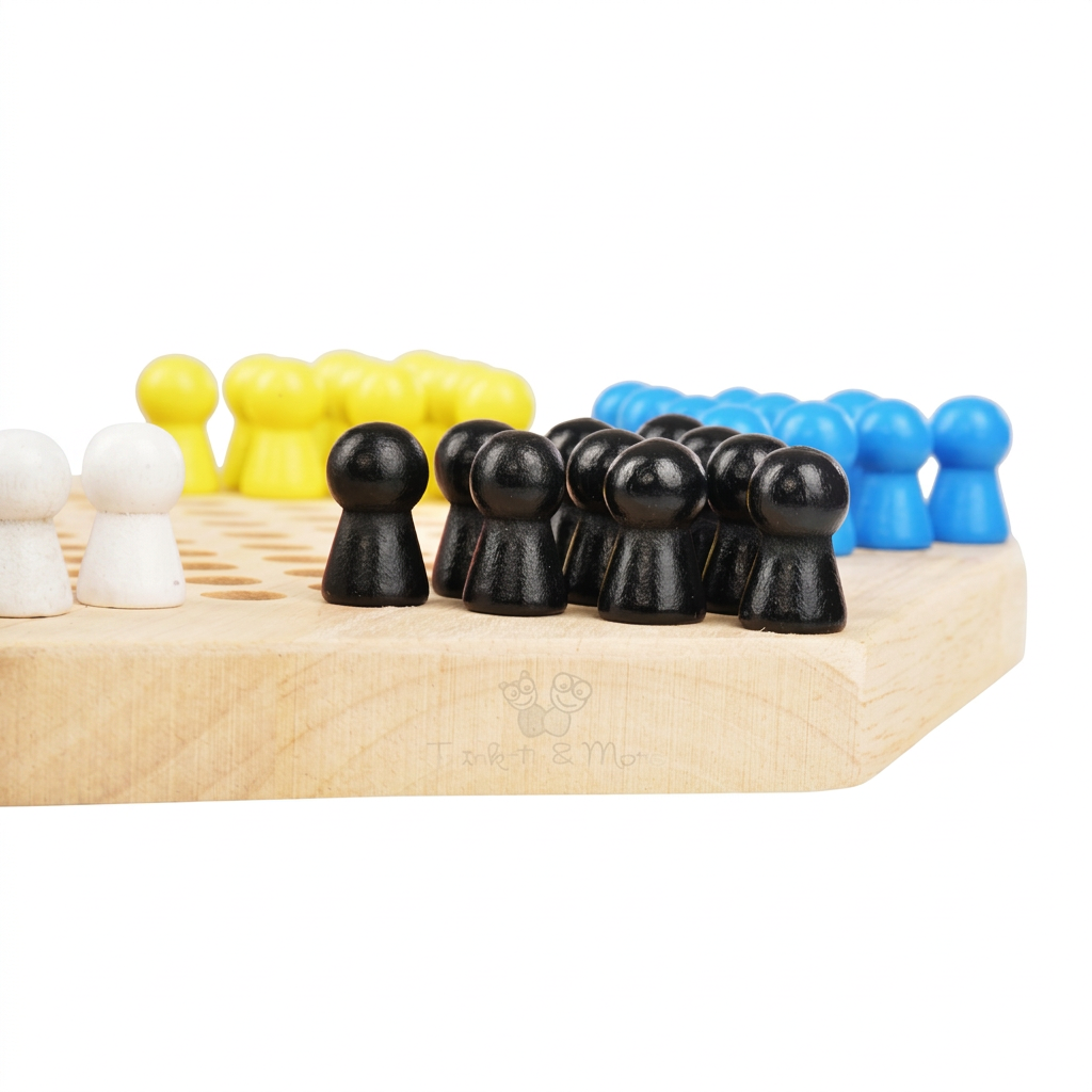 Wooden Chinese checkers board with colourful pegs arranged in the star-shaped playing area