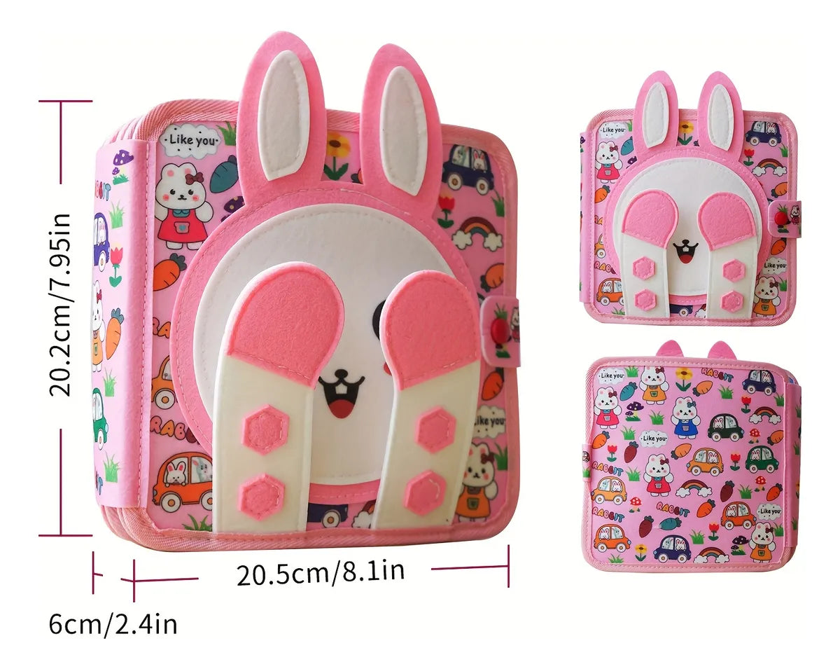 Travel-friendly toddler quiet book with bunny-themed matching and sensory play.
