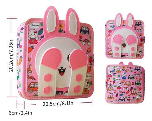 Travel-friendly toddler quiet book with bunny-themed matching and sensory play.

