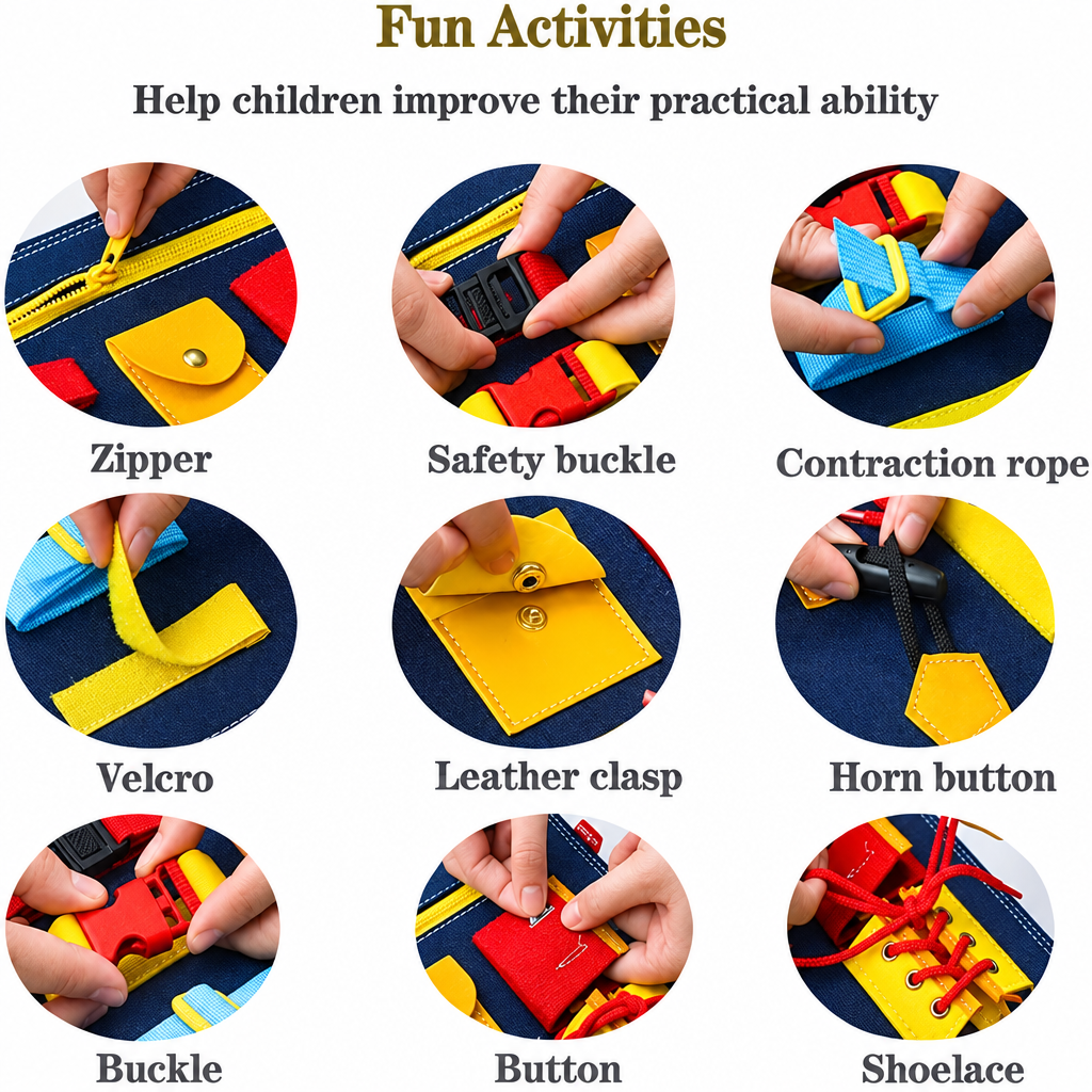 Dressing activities with buttons, zips, Velcro and buckles