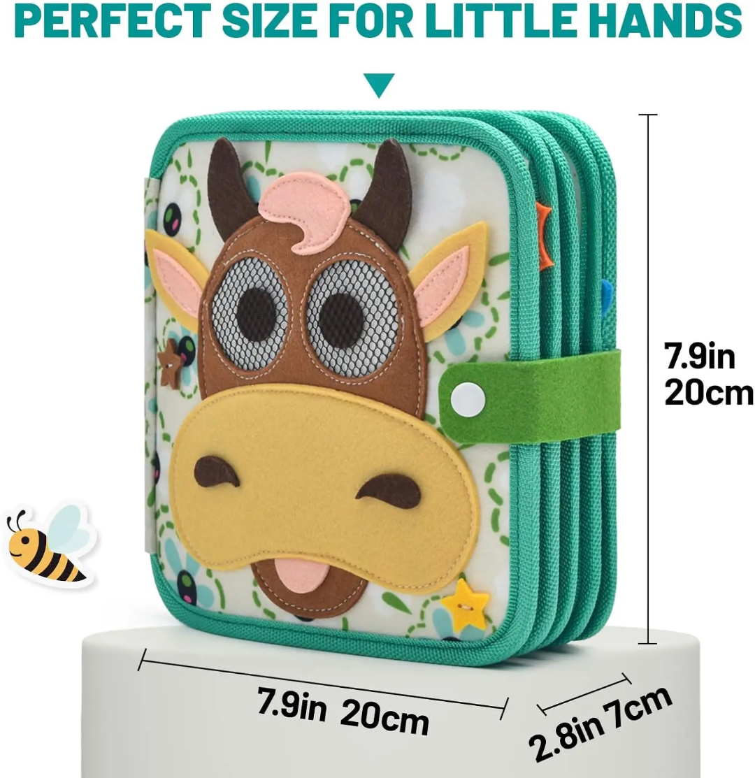 Children's book with cow design and measurements on a white background