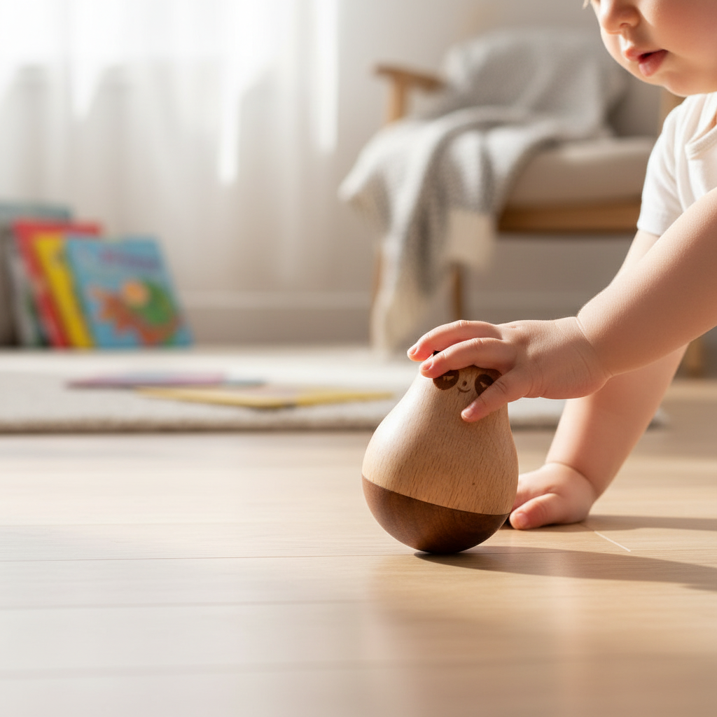 Child playing with wooden panda toy