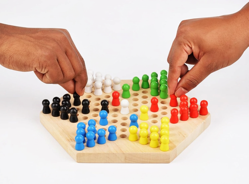 Overhead view of a wooden Chinese checkers game board with coloured starting triangles