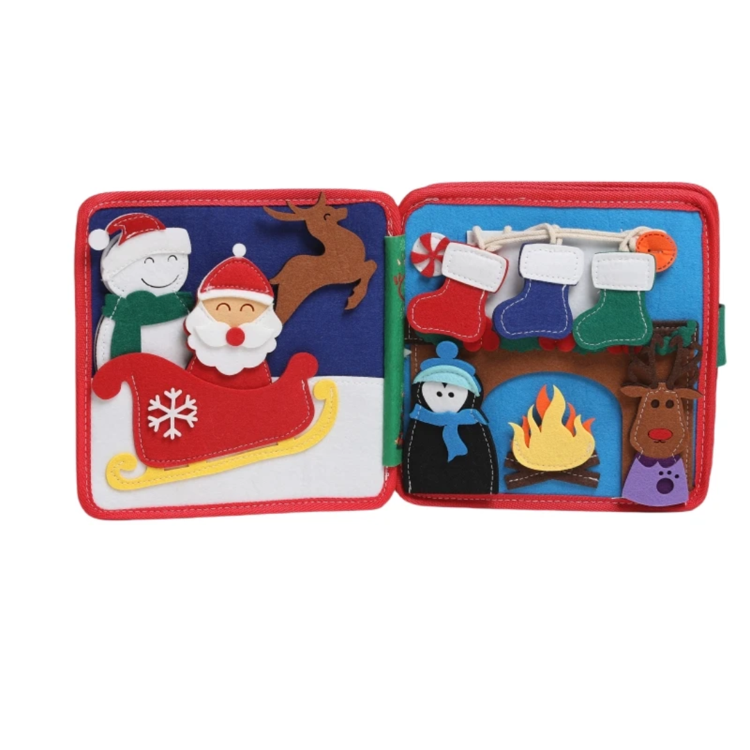 Interactive Montessori Christmas Busy Book with stockings and presents
