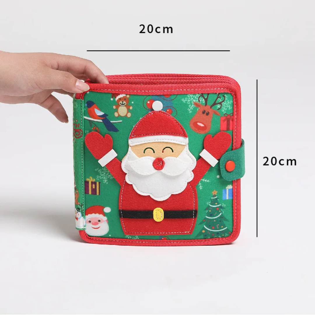 Close-up of Christmas tree and reindeer felt activities in toddler busy book
