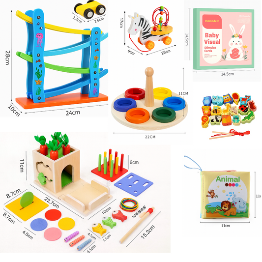 Clever Cub Box Montessori toy kit for toddlers 13–18 months with pull-along zebra, ramp racer, carrot harvest, fishing game, and lacing beads.
