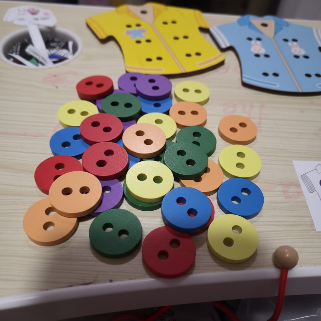 Colorful buttons on a wooden surface with clothing items in the background