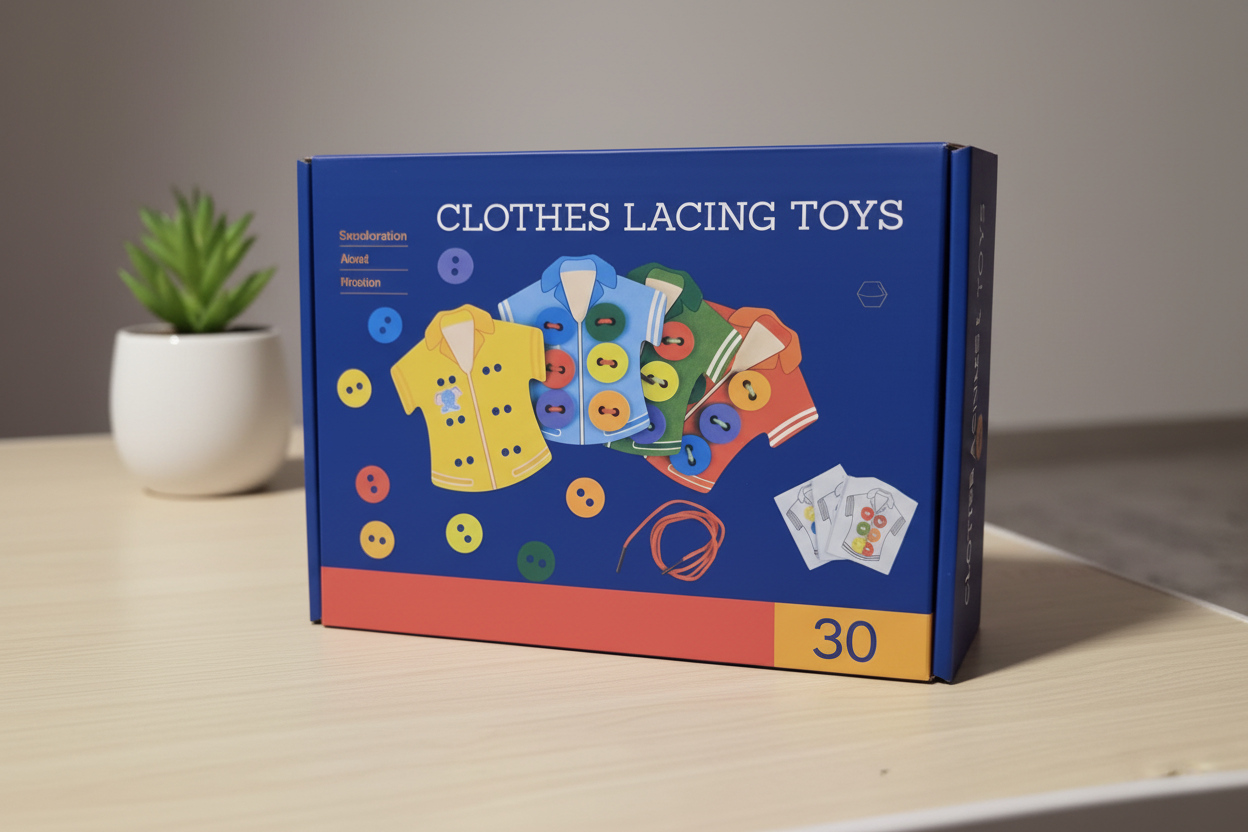 Box of clothes lacing toys with colorful illustrations on a wooden surface.