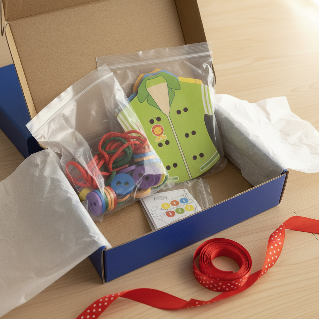 Open box containing educational materials with colorful buttons and a red ribbon on a wooden surface.