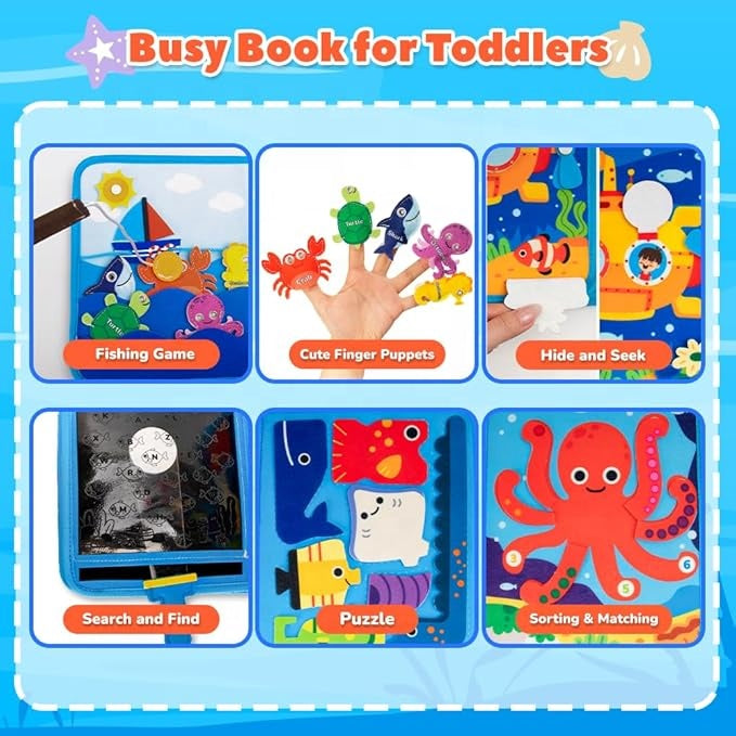 Felt busy book with clock, calendar, and weather tracker for preschoolers
