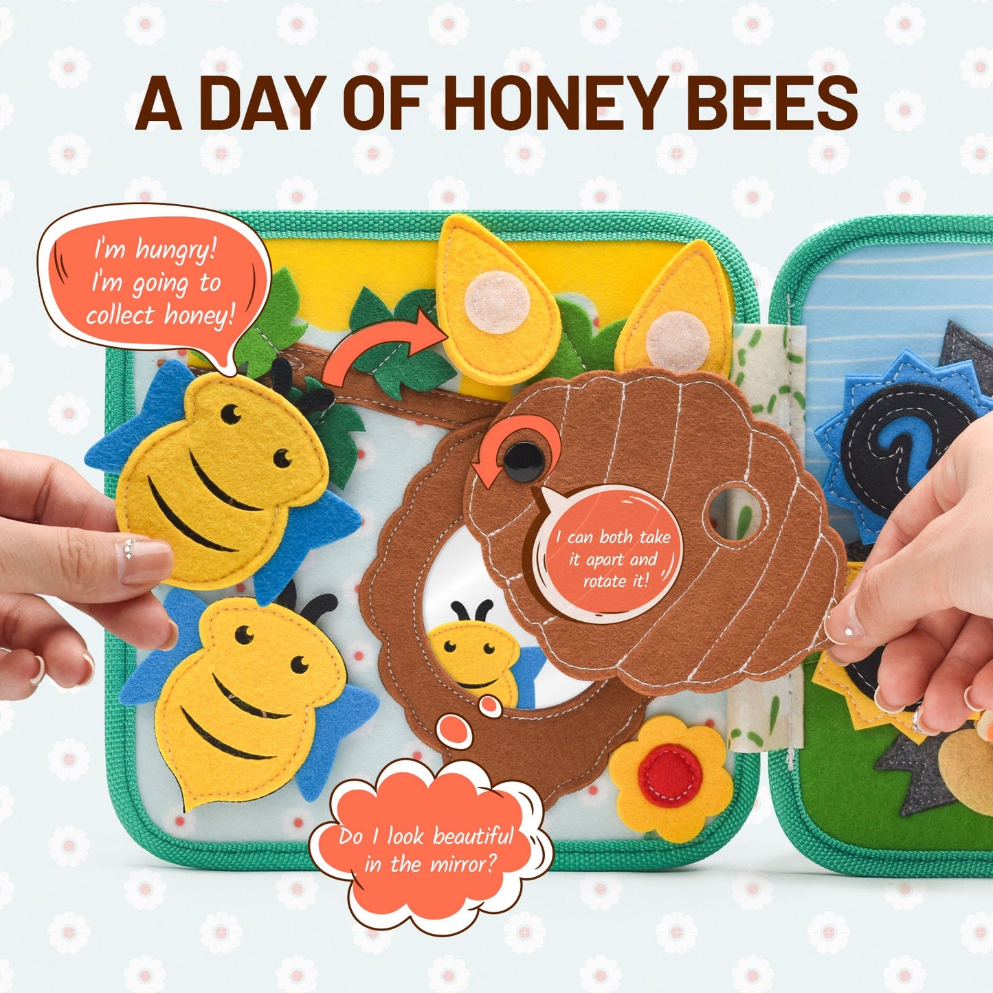 Quiet book for toddlers featuring farm animals, sorting tasks and sensory learning pages.
