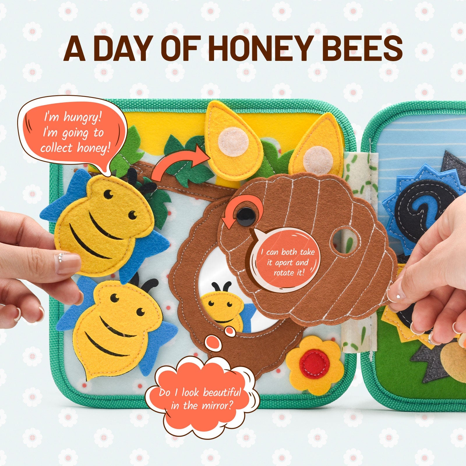 Quiet book for toddlers featuring farm animals, sorting tasks and sensory learning pages.
