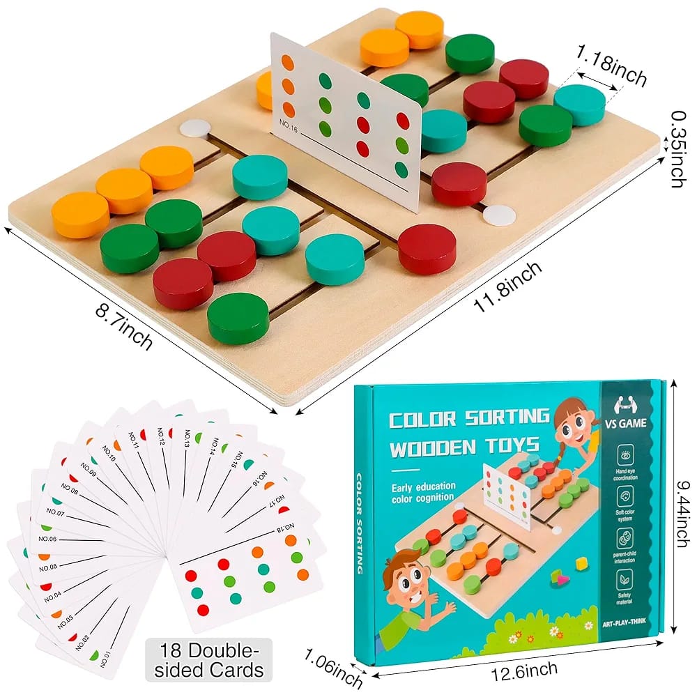 Wooden color sorting board with pattern cards – hands-on learning Montessori toy for preschoolers from Toy Tribe NZ.

