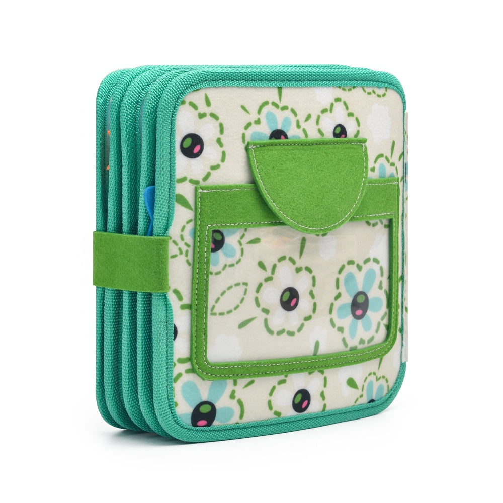 Quiet book for toddlers featuring farm animals, sorting tasks and sensory learning pages.
